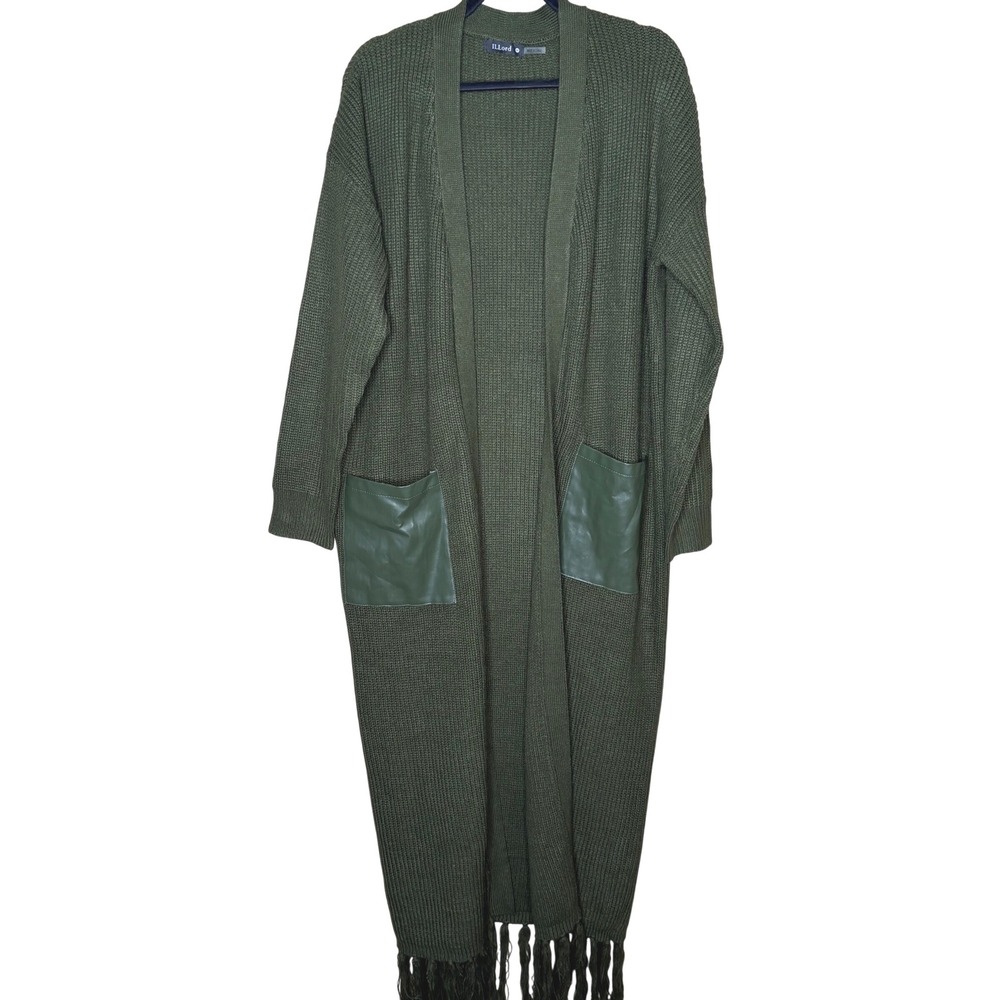 ILLord Womens Olive Green Longline Ribbed Cardigan Faux Leather Pockets 2X Boho